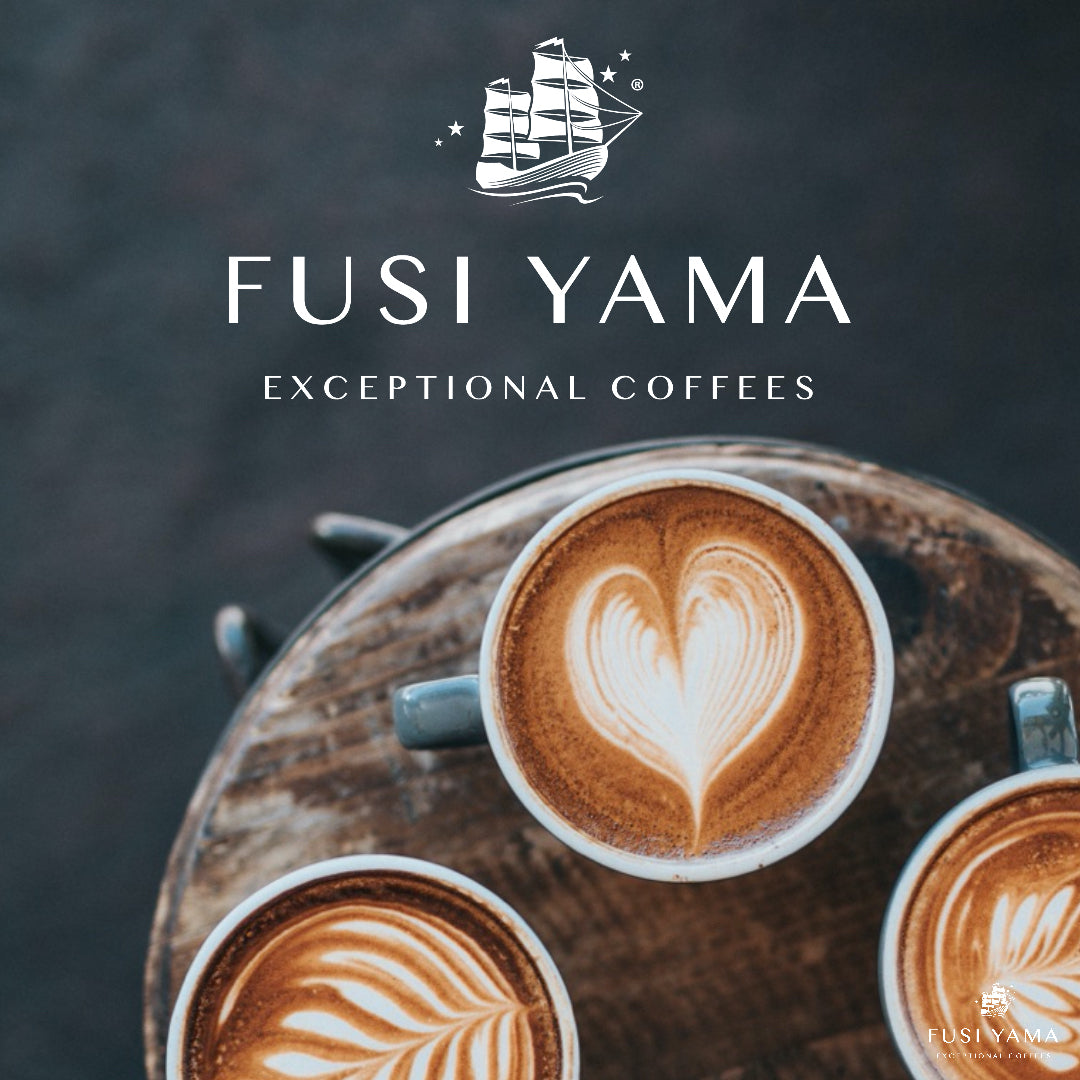 Branded FUSI YAMA Image with 3 lattes each with different art patterns
