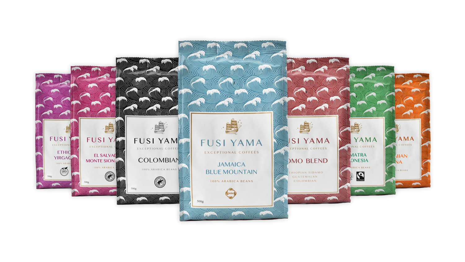 Full selection of FUSI YAMA coffees including Ethiopian Yirgacheffe, El Salvador Monte Sion, Colombian, Jamaica Blue Mountain, ROMO Blend, Sumatra Indonesia and Hawaiian Kona